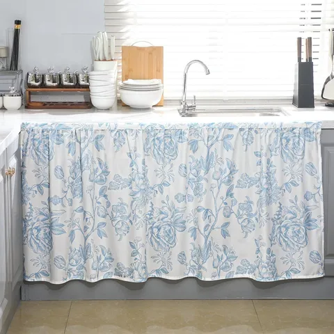 Pastoral Style Floral Butterfly Print Kitchen Half Curtain Polyester Sink Cabinet Cover Valance Partition Short Curtain