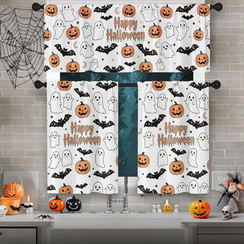 Halloween Ghost Pumpkin Skull Printed Kitchen Curtain Valance Tiers Polyester Festive Home Window Decoration Hanging Curtains