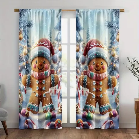 Cortinas de Poliéster Estampadas con Hombre de Jengibre a Cuadros Navideños Cortina de Ventana Festiva de Dibujos Animados Vintage Decoración de Sala Dormitorio