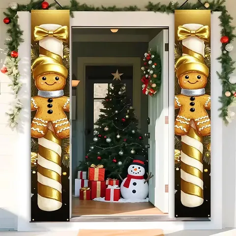 Merry Christmas Porch Banner Gingerbread Man Hanging Couplets Indoor Outdoor Festive Home Party Door Decorations Flag Sign