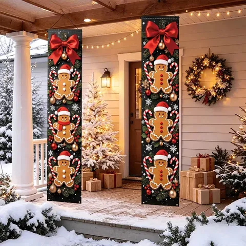 Christmas Door Banner Set Polyester Merry Christmas Porch Sign Outdoor Yard Garden Party Hanging Decoration For Front Door