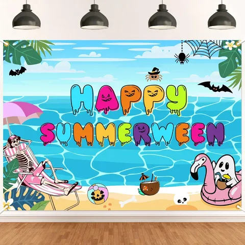 Summer Halloween Party Decoration Backdrop Cartoon Skull Ghost Palm Tree Printed Banner Summerween Holiday Photo Booth Studio Photography Background Tapestry Cloth