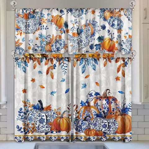 Thanksgiving Kitchen Curtains Valance And Tiers Polyester Harvest Pumpkin Gnome Printed Rod Pocket Café Window Treatment