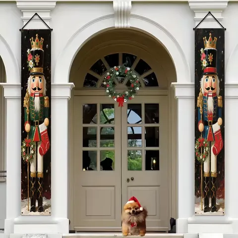 Christmas Door Couplet Banner Outdoor Decorative Polyester Flag Nutcracker Santa Snowman Print Xmas Entryway Porch Sign Hanging Decor