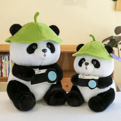 Cute Camera Panda Plush Toy With Green Leaf Hat Soft Stuffed Animal Doll For Kids Girls Boys Birthday Gift Home Decor