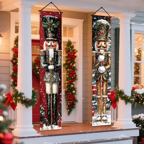 Christmas Door Couplet Banner Outdoor Decorative Polyester Flag Nutcracker Santa Snowman Print Xmas Entryway Porch Sign Hanging Decor