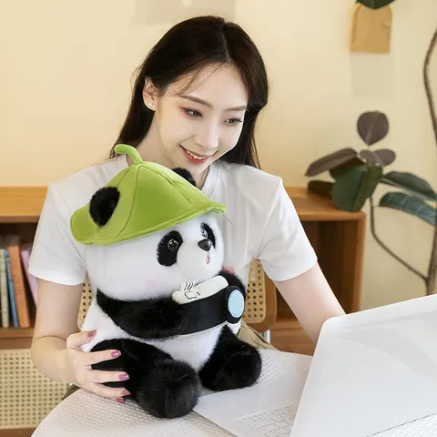 Cute Camera Panda Plush Toy With Green Leaf Hat Soft Stuffed Animal Doll For Kids Girls Boys Birthday Gift Home Decor