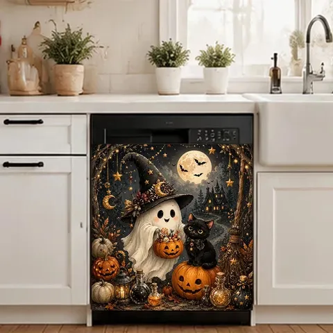 Μαγνητικό Κάλυμμα Πλυντηρίου Πιάτων Halloween Μαγνητικό Αυτοκόλλητο Διακόσμησης Συσκευών Κουζίνας Εκτύπωση Φάντασμα Κολοκύθα Μαύρη Γάτα Διακόσμηση Σπιτιού