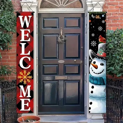 Christmas Porch Sign Banners Merry Christmas Welcome Banner Polyester Outdoor Holiday Door Decorations Banner For Yard Home Decor