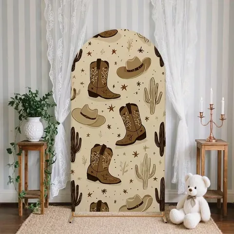 American Retro Western Arched Backdrop Cover Cowboy Hat Boots Wooden Wheel Print Party Backdrop Event Decoration Props