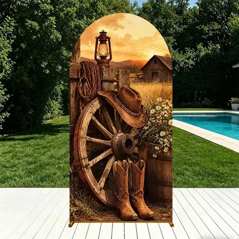 American Retro Western Arched Backdrop Cover Cowboy Hat Boots Wooden Wheel Print Party Backdrop Event Decoration Props