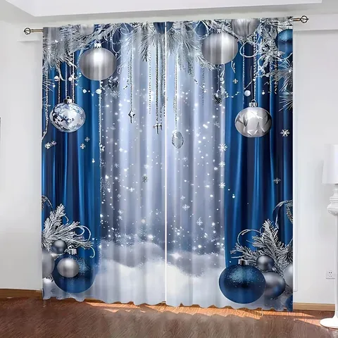 Christmas Polyester Window Curtains Digital Printed Holiday Bells Pine Needle Decorative Drapes For Living Room Bedroom Decor