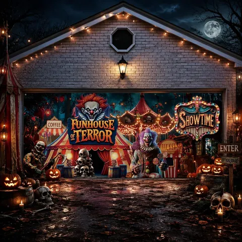 Halloween Garage Door Banner Horror Circus Skeleton Band Background Cloth Outdoor Yard Party Decoration Polyester Backdrop