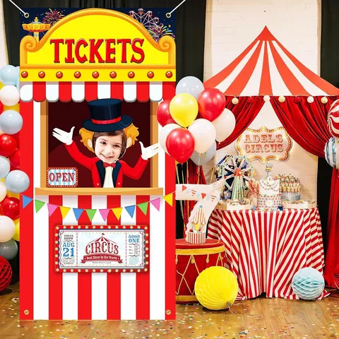 Carnival Circus Tent Photo Booth Backdrop Red White Striped Tickets Circus Banner For Carnival Themed Party Decorations Props