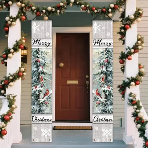 Merry Christmas Door Banners Happy New Year Outdoor Porch Sign Festive Pongee Hanging Flag Holiday Couplets Decoration