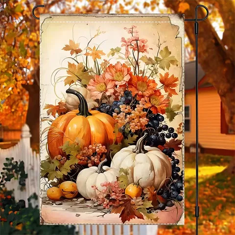 Double Sided Autumn Harvest Garden Flag Thanksgiving Turkey Pumpkin Scarecrow Outdoor Yard Decorative Vertical Polyester Flag Hanging Welcome Banner