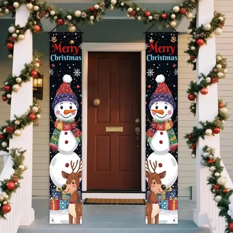 Merry Christmas Door Banners Happy New Year Outdoor Porch Sign Festive Pongee Hanging Flag Holiday Couplets Decoration