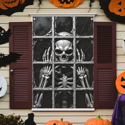 Halloween Gruselig Fenster Wandteppich Polyester Skelett Hexe Clown Muster Wandbehang Hintergrund Für Außentür Spukhaus Layout Party Requisiten