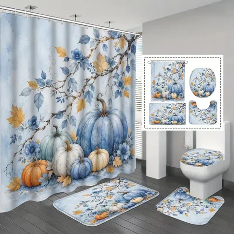 Thanksgiving Autumn Shower Curtain Bathroom Sets Polyester Waterproof Fabric Printed Plaid Floral Gnomes Pumpkins Hanging Decor Accessories