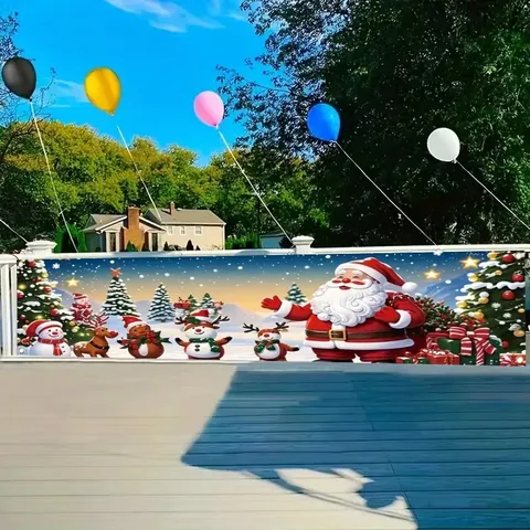 Festive Christmas Outdoor Garden Fence Banner Vintage Cartoon Printed Santa Claus Reindeer Snowman Polyester Party Backdrop Banner