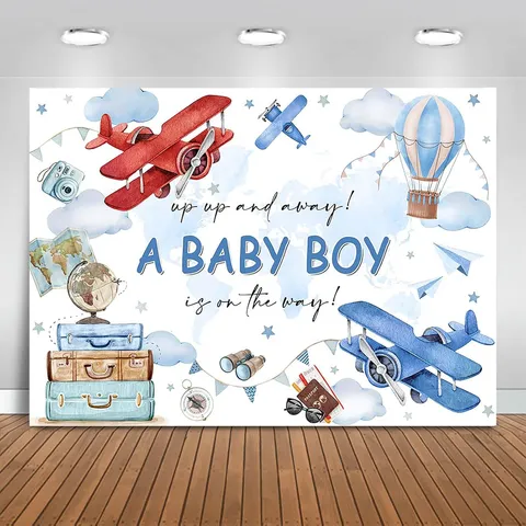 Φόντο Φωτογραφίας Baby Shower με Ακουαρέλα Πολυεστέρας Θέμα Αεροπορία Αγρόκτημα Ωκεανός Διακόσμηση Πάρτι Φόντο Στούντιο