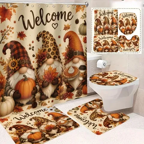 Thanksgiving Autumn Shower Curtain Bathroom Sets Polyester Waterproof Fabric Printed Plaid Floral Gnomes Pumpkins Hanging Decor Accessories