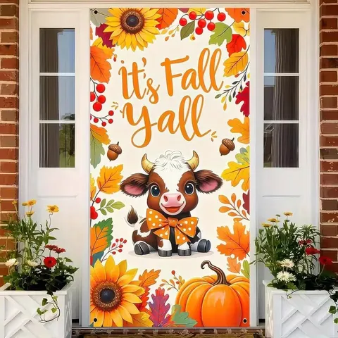 Pancarta de Puerta de Acción de Gracias de Poliéster con Pavo y Espantapájaros Estampado Animado Decoración para Fiesta de Otoño