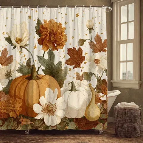 Herbst Ernte Thanksgiving Duschvorhang Wasserdicht Polyester Kürbis Blumen Ahornblatt Muster Badezimmer Dekoration Mit Haken