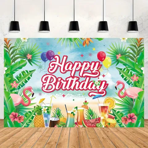 Tropical Island Palm Tree Happy Birthday Backdrop Printed Flamingo Beach Sea Wave Photography Background Polyester Fabric Banner Wall Tapestry For Summer Party Decor