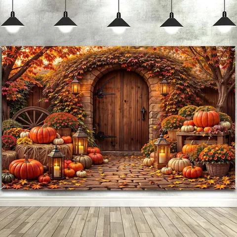 Sfondo Fotografico Autunnale del Ringraziamento Zucca Rustica Foglia d'Acero Elementi Forestali Decorazione per Feste Striscione