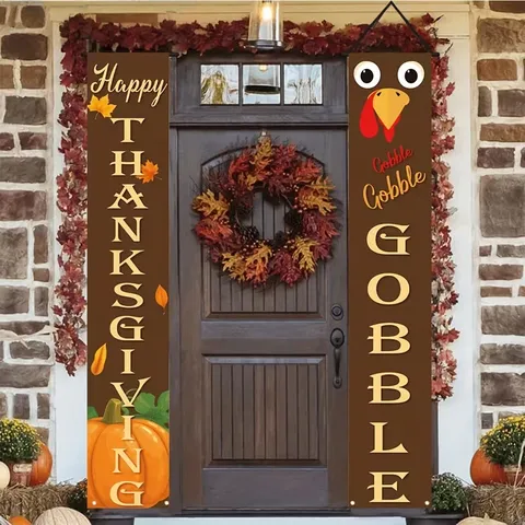 Thanksgiving Door Banner Fall Couplets Polyester Outdoor Decorations Harvest Pumpkin Maple Leaf Turkey Porch Sign Set