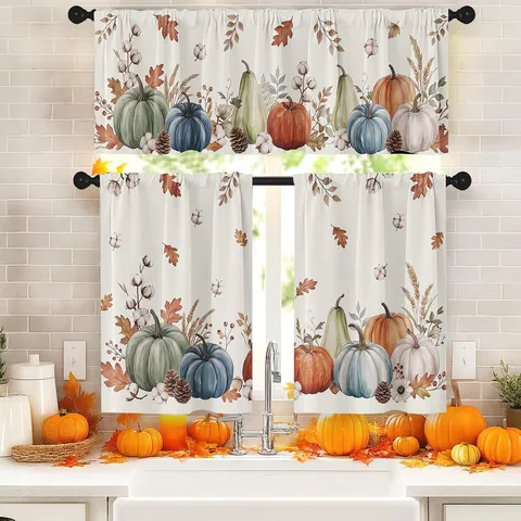 Thanksgiving Kitchen Curtains Set Rustic Pumpkin Maple Leaf Print Polyester Valance Tiers For Windows Home Decor