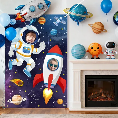 Weltraum Party Astronaut Fotozubehör Hintergrund Polyester Bedruckt Gesichtsausschnitt Banner Kinder Geburtstag Dekoration