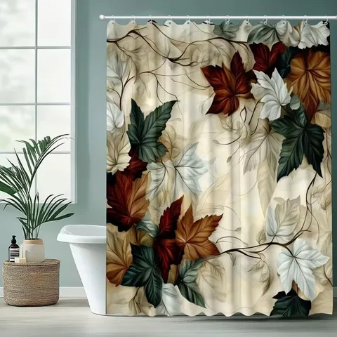 Herbst Ahornblatt Kürbis Duschvorhang Vintage Holzmaserung Blumenmuster Polyester Wasserdichter Badezimmervorhang Mit Haken