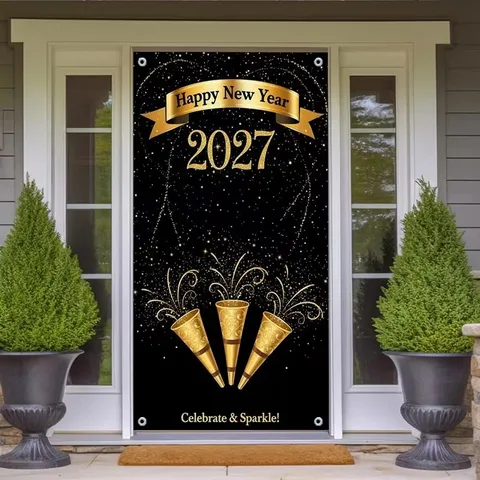 New Year Eve Party Door Banner Black Gold Clock Champagne Glass Pattern Polyester Door Decoration Hanging Tapestry
