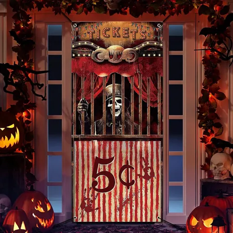 Halloween Party Door Curtain Vintage Horror Ticket Booth Print Tapestry Entrance Wall Hanging Decoration For Home Bar Party