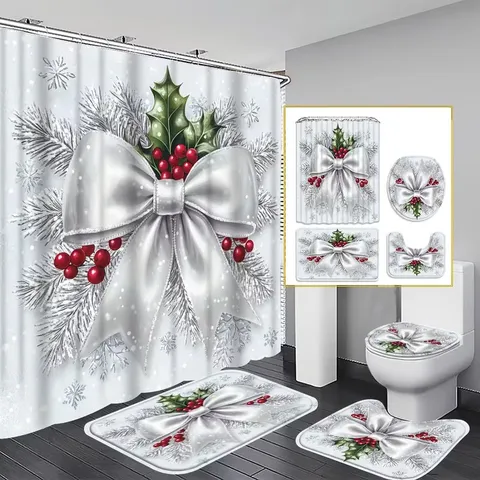 Christmas Theme Bathroom Set Polyester Waterproof Shower Curtain With Non-Slip Rug Toilet Lid Cover U-Shaped Mat Decor (YL-0314)