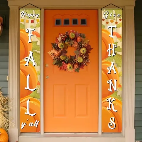 Thanksgiving Door Banner Autumn Harvest Porch Sign Polyester Hanging Flag Pumpkin Maple Leaf Pattern For Home Party Outdoor Decor