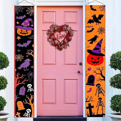 Halloween Outdoor Door Banner Couplet Cartoon Pumpkin Ghost Skeleton Trick Or Treat Hanging Flag Front Door Party Decor