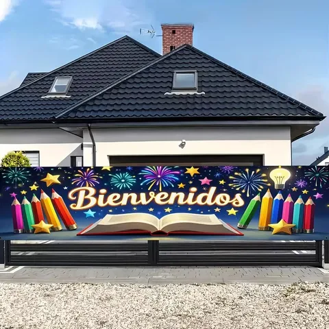 Terug naar School Banner Cartoon Potlood Boek Print Welkomstbanner Voor Kleuterschool Klaslokaal Decoratie Polyester Pongee School Banner