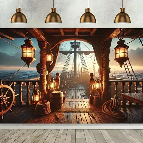 Halloween Pirate Backdrop Retro Treasure Cave Sailing Ship Pattern Polyester Wall Hanging For Birthday Party Decoration Photography Background