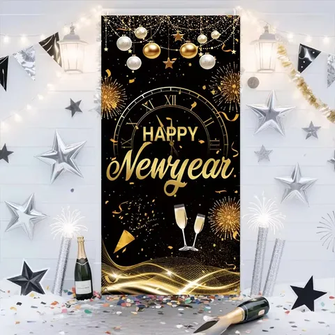 New Year Eve Party Door Banner Black Gold Clock Champagne Glass Pattern Polyester Door Decoration Hanging Tapestry