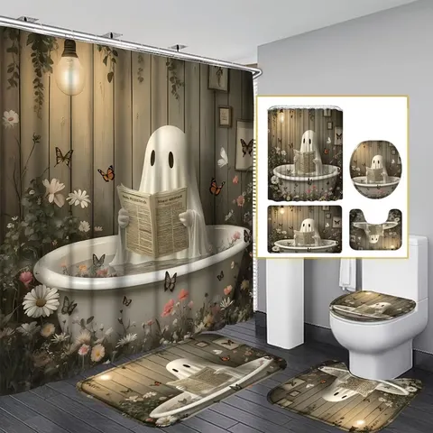Halloween Kürbis Geist Druck Duschvorhang Set Wasserdicht Polyester Badezimmer Dekor Badematte Toilettendeckel Set