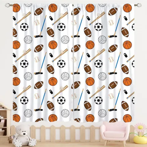 Sports Ball Pattern Curtains For Kids Room Basketball Football Print Polyester Window Drapes For Bedroom Two Panels Home Decor