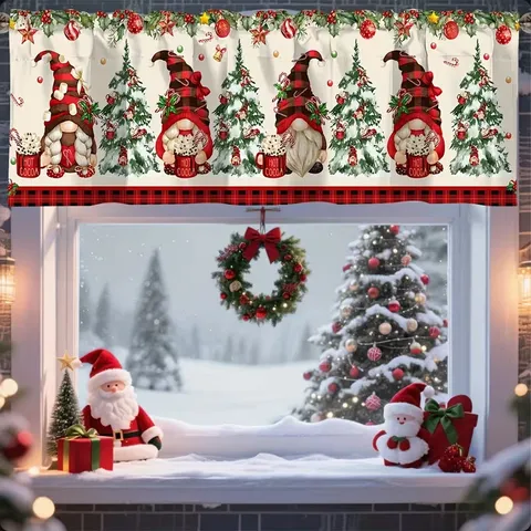 Christmas Kitchen Valance Polyester Rod Pocket Short Curtain Printed Shading Window Valance For Living Room Bedroom Home Holiday Decor