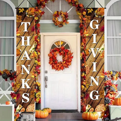 Thanksgiving Door Banner Autumn Harvest Porch Sign Polyester Hanging Flag Pumpkin Maple Leaf Pattern For Home Party Outdoor Decor