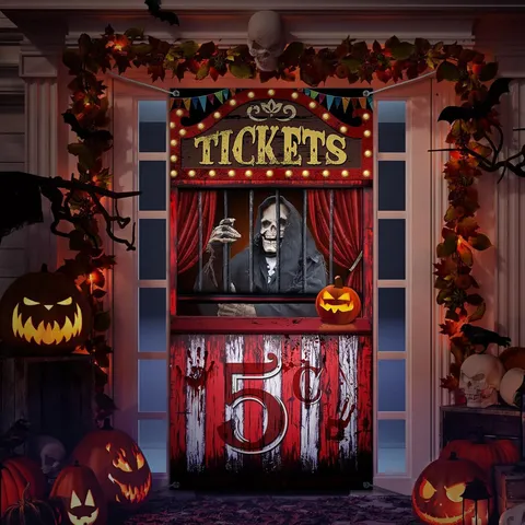 Halloween Party Door Curtain Vintage Horror Ticket Booth Print Tapestry Entrance Wall Hanging Decoration For Home Bar Party