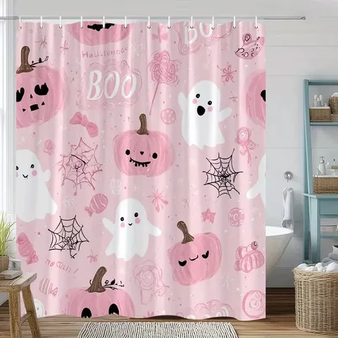 Halloween Cartoon Ghost Pumpkin Printed Waterproof Polyester Shower Curtain Set For Bathroom Home Decor Party Supplies