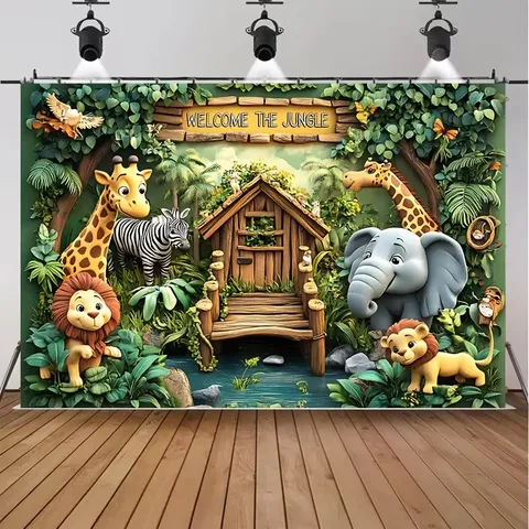 Cartoon Jungle Animal Welcome Tapestry Kids Birthday Party Photography Backdrop Colorful Polyester Printed Banner Decor