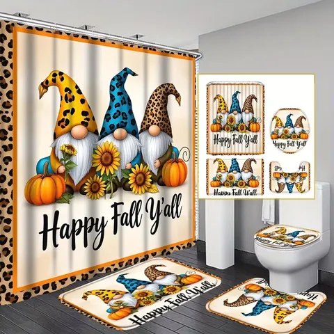 Thanksgiving Bathroom Set Polyester Shower Curtain Rug Mat Pumpkin Maple Leaf Autumn Festive Decor Waterproof Bathroom Accessories